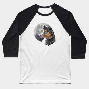 Tricolor Blue Merle Border Collie with Night Sky Full Moon Baseball T-Shirt